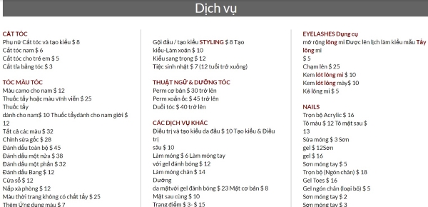 Bảng giá tham khảo các dịch vụ tại Salon Mountainland